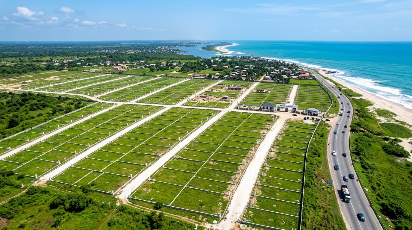 Aerial view of surveyed land plots with clear beacons.
